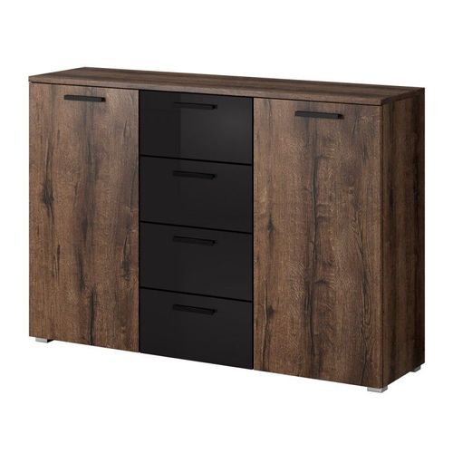 Chambre À Coucher Floyd : Armoire 220cm, Lit 160x200, Commode, Chevets. Couleur Chêne Foncé Et Noir Brillant