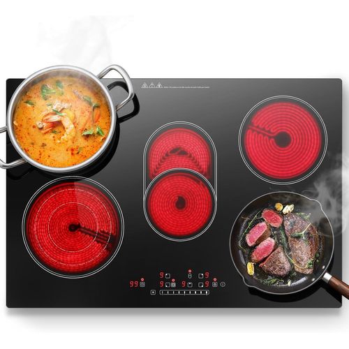 SUBZONAL-Plaque Vitrocéramique 5 feux, Plaque de cuisson Electrique Encastrable 77cm, 8500W, 9 Niveaux, Incluant Des Zone Triples et Ovales pour Grillade, Commande Tactile, Pour Toutes Les Casseroles