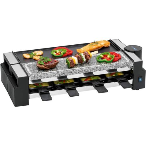 SUBZONAL-RG 3678 Appareil à raclette 2 en 1, pierre naturelle et plaque en fonte réversible, articulation à 180°, 8 poêlons, également utilisable comme raclette pour 4 personnes, revêtement