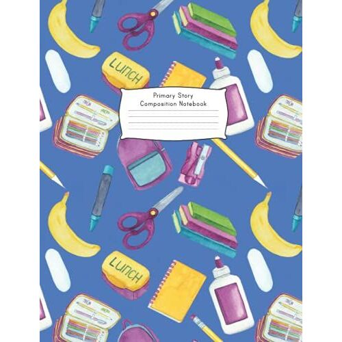 Primary Story Composition Notebook: For Early Readers, Pre-K, Kindergarten, Primary, First Grade, Grade 1 Or Homeschool. Blue With Watercolor Illustrations Of Scholastic Symbols