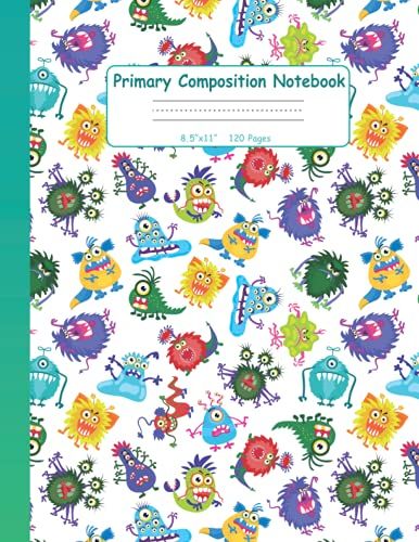 Primary Composition Notebook Monsters Cute Cover: Handwriting Practice Paper, Kindergarten Grades K-2, 120 Pages All Lines Dotted Midline, 10 Lines Per Page.