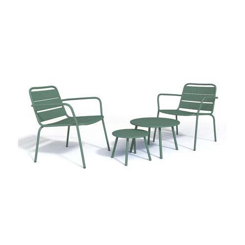 Salon De Jardin En Métal : 2 Fauteuils Bas Empilables Et Tables Gigognes Vert Amande - Mirmande