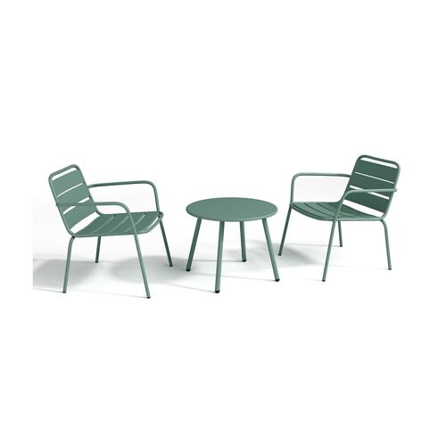 Salon De Jardin En Métal Vert Amande : 2 Fauteuils Bas Empilables Et Une Table D'appoint - Mirmande