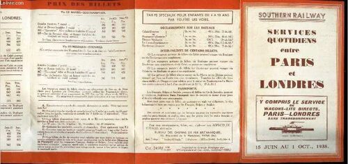 1 Petite Plaquette : Southern Railway - Services Quotidiens Entre Paris Et Londres (15 Juin Au 1 Oct 1938.