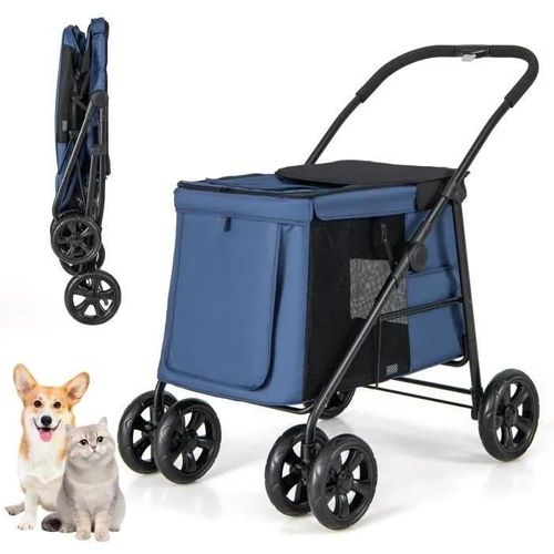 Costway Poussette Buggy Pliable Animaux - Coussin Amovible, 4 Roues Amortissantes - Charge 40kg - Chariot Pour Chat -Chien - Bleu