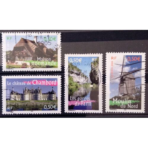 France - Timbres De 2004 Obl - La France À Voir - Maison Normande ( N° 3702) + Château De Chambord ( N° 3703) + Gorges Du Tarn ( N° 3704) + Moulin Du Nord ( N° 3706) - N12912