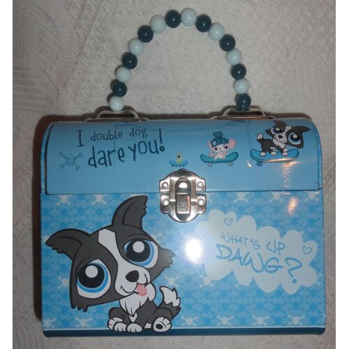Boite/Coffret Métallique Avec Anse De Portage En Perles - Fermeture Par Cliquet - Bleue - Décorée De Chiens Petshop - Marquée Double Dog I Dare You ! 