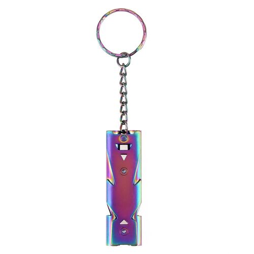Sifflet de survie d'urgence en acier inoxydable, Double tuyau, décibel élevé, pour l'extérieur, porte-clés, outil multifonction de pom-pom girl