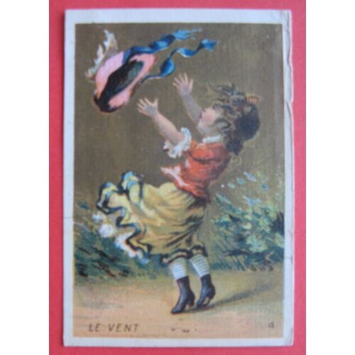 Chromo Ancien Fillette" Le Vent" Publicitaire Saumur Fond Or 