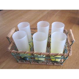Lot De 6 Verres Dans Un Panier Osier/ Fer Forgé