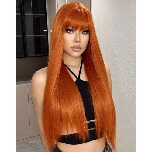 Perruque Synthétique Rousse Orangé Longue A Frange Lisse 70cm +4 Bonnet 