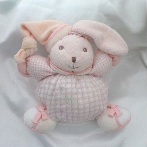 Doudou Lapin Kaloo Peluche Boule Lilirose Carreaux Rose Ruban Bonnet