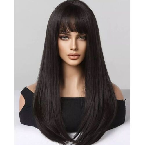 Perruque Noir Femme Synthétique Frange Wig Cheveux Long Lisse Coiffure +4 Bonnet 