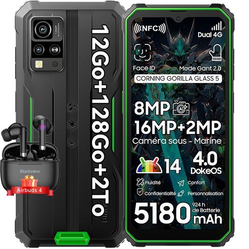 Blackview BV4800 Pro Smartphone Incassable Android 14 12Go+128Go Écran 6.56" 5180mAh 16MP+8MP NFC Vert avec Blackview Airbuds 8