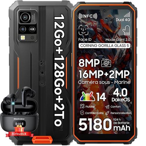 Blackview BV4800 Pro Smartphone Incassable Android 14 12Go+128Go Écran 6.56" 5180mAh 16MP+8MP NFC Orange avec Blackview Airbuds 8