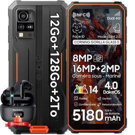 Blackview BV4800 Pro Smartphone Incassable Android 14 12Go+128Go Écran 6.56" 5180mAh 16MP+8MP NFC Orange avec Blackview Airbuds 8