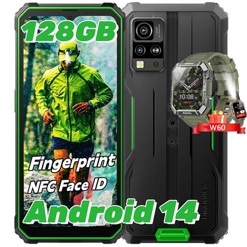 Blackview BV4800 Pro Téléphone portable Incassable Android 14 12Go+128Go 6.56" 5180mAh 16MP+8MP NFC Vert avec Smartwatch Blackview W60