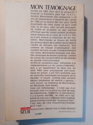 Mon Témoignage. Les Camps En Urss Après Staline Par Anatoli Martchenko