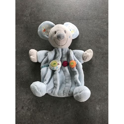 Doudou Plat Plissé Nicotoy Souris Bleu Gris Motif Oiseau