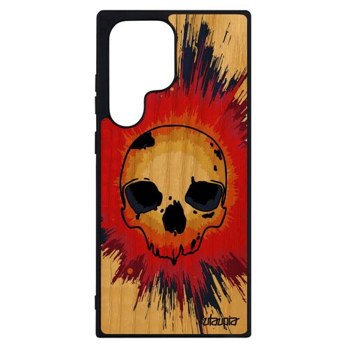 Coque bois Samsung Galaxy S23 Ultra silicone tete de mort tattoo squelette cadeau de noel crane biker masque smartphone Orange etui