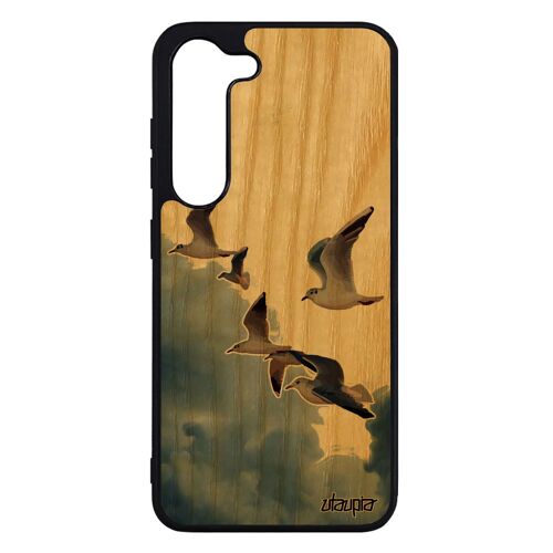 Coque Oiseaux Mouettes Pour S23 En Bois Veritable Silicone De Protection Smartphone Beige Marin Design Made In France Samsung Galaxy