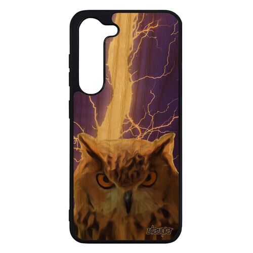 Coque Pour Galaxy S23 En Bois Veritable Silicone Hibou Animaux Chouette Design Portable Eclair Animal Oiseau De Protection Samsung