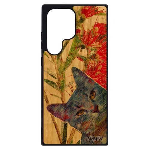 Coque Pour Samsung S23 Ultra En Bois Silicone Chat Telephone Vert Animal Design Felin 4g Noir Fleurs Peinture Made In France Galaxy