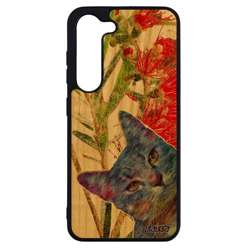 Coque Silicone S23+ Plus Bois Chat Design Unique Peinture Gel Lol Cat Matou Animal Noir Felin Animaux Housse Fleurs Samsung Galaxy