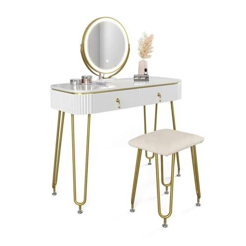 Vicco coiffeuse Grace, Blanc Haute brillance, 100 cm avec éclairage LED et tabouret