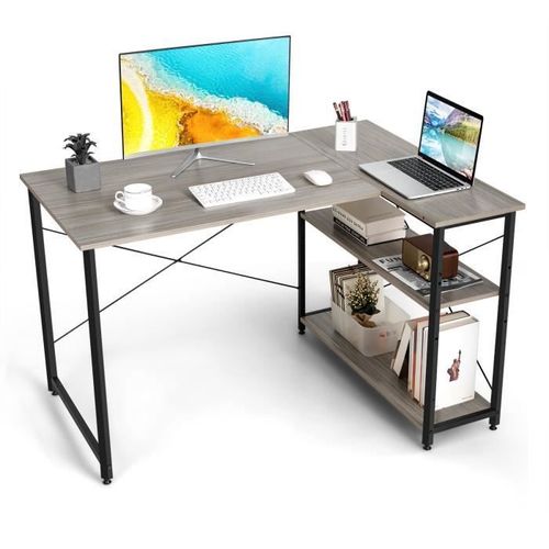 Costway Bureau D'angle - 2 Etagères Rangements, Table En L Pour Travailler, Réviser, Gaming, Style Industriel, Pied Reglable Gris
