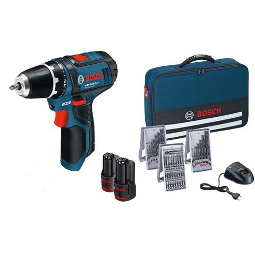 Bosch Professional GSR 12V-15 2Ah Perceuse sans fil avec 39 pièces Set d'accessoires, 2 batteries 2,0 AH, Chargeur de batterie avec pochette de rangement, 10,8 V
