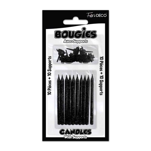 10 BOUGIES PAILLETÉES NOIR + 10 SUPPORTS