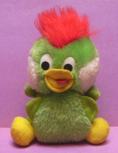 Peluche Canard Vert, Jaune Et Blanc - Cheveux Rouge - 16 Cm