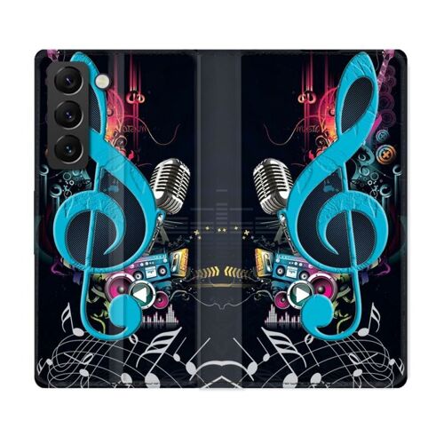 Housse Cuir Portefeuille Pour Samsung Galaxy S22 Plus Musique Cle Sol Bleu