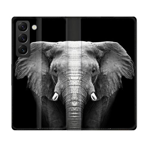 Housse Cuir Portefeuille Pour Samsung Galaxy S22 Animal Elephant Noir