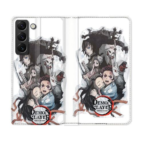 Housse Cuir Portefeuille Pour Samsung Galaxy S22 Manga Demon Slayer Blanc