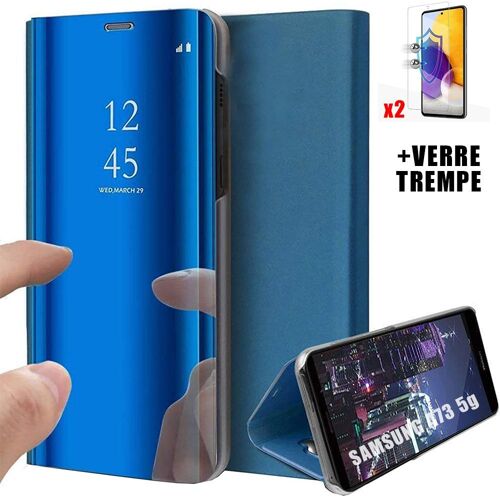 Coque Samsmung A73 5G (6.5'') + 2 Verres Trempes. Coque Anti-Choc Effet Miroir Design Protection integrale Bleu