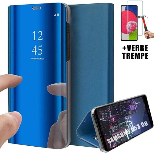 Coque Samsmung A53 5G (6.5'') +Pack 2 Verres Trempes. Coque Effet Miroir Fenetre Tanslucide Protection Renforcee Bleu