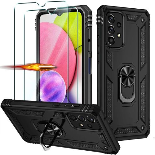 Coque Samsmung A73 5g (6.5'') +Lot 2 Verres Trempes. Coque Avec Anneau Support Metal Plaque Metallique Au Dos Noir