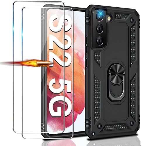Coque Samsmung S22 (6.1'') + 2 Verres Trempes. Coque Anneau Support Protection Bordure Renforcee Plaque Metallique Noir