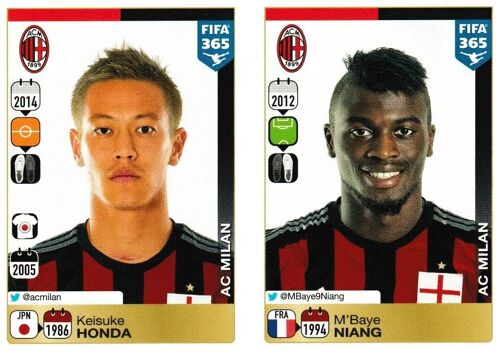 N°605 / N°606 - Stickers Image Panini Fifa 365 ( 2016 ) - Keisuke Honda / M'baye Niang - Ac Milan