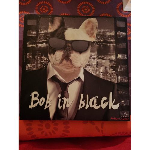 Cadre Toile Bulldog Français Noir et Blanc Bob - Bob in Black Lunettes de Soleil et Costume Cravate 30 x 30 cm