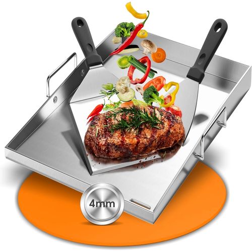 ASFASFq-Plancha Plaque de cuisson en acier inoxydable 40 x 30 cm (4 mm d'épaisseur) pour barbecue à gaz et barbecue à charbon ¿ Avec anse de transport + 2 spatules ¿ Coins fermés avec évacuation des