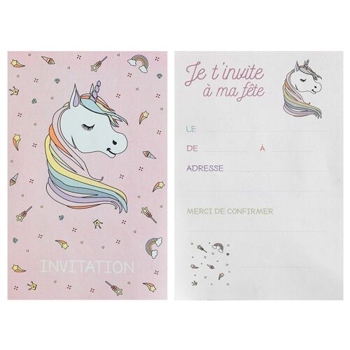 6 CARTONS INVITATION LICORNE ARC-EN-CIEL 11X17CM
