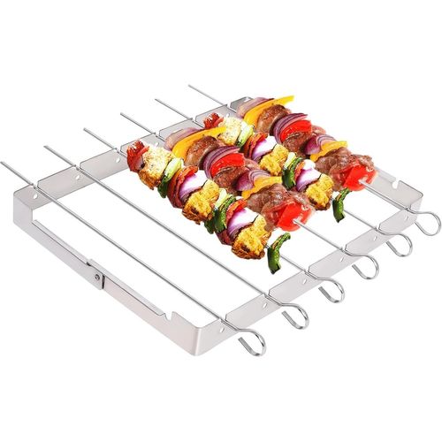 ASFASFq-Lot de 6 brochettes réutilisables en acier inoxydable pour brochettes de barbecue 35 cm avec support pliable