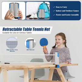 Asfasfq-Filet De Ping Pong Rétractable, Filet Ping Pong Pour Table Portable, Filet De Tennis De Table, Peut Être Étendu Jusqu'à 170 Cm, Pour Tables De Ping Pong, Un Bureau, Table Manger, Gris Bleu