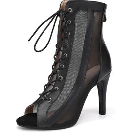 Asfasfq-Bottines De Danse Femme À Lacets Et À Talons En Maille Bout Ouvert Moderne Performance Chaussures De Danse