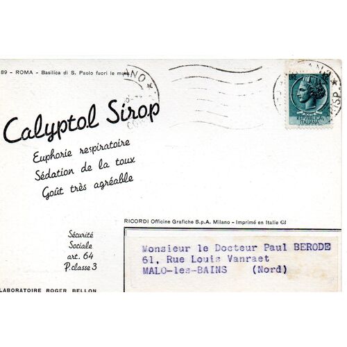Carte Postale Publicitaire N°89 Basilica De S. Paolofori Le Muro - Timbree - Publicite Calyptol Sirop Du Laboratoire Roger Bellon
