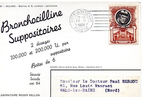 Cpa N° 87 Milano -Italie - Basilica Di S. Lorenzo  Particolare - Beau Timbre Et  Cachet D'affranchissement  Du 29/11/1956 - Pub Pour Bronchocilline Suppositoires