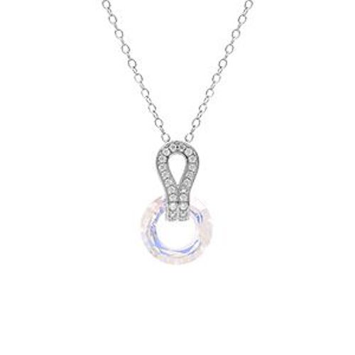 Collier Argent Rhodié Pendentif Cercle Verre Faceté Blanc Et Volute Oxydes Blancs Sertis 44cm Réglable 42 Et 40